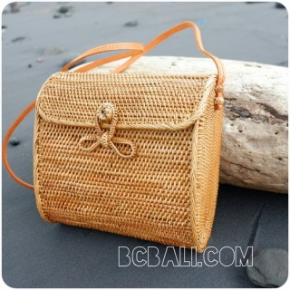 passport sling bags rattan leather with flower clip